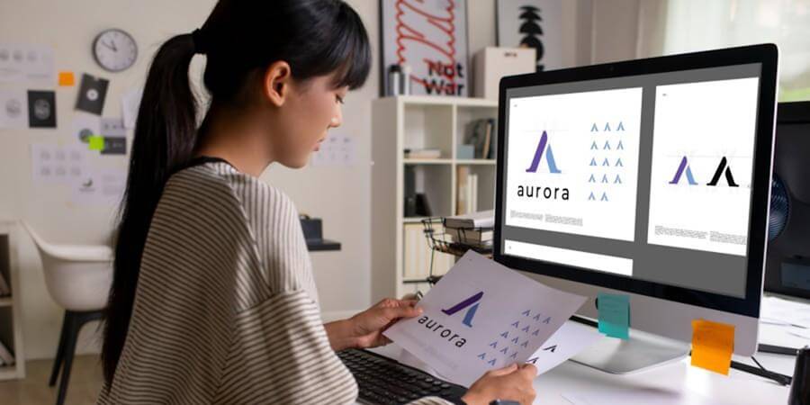 A graphic designer views a corporate logo being designed on a computer.